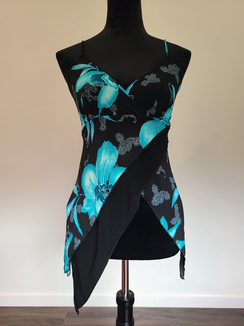 Vintage Y2K Black & Teal Floral Asymmetrical Camisole
